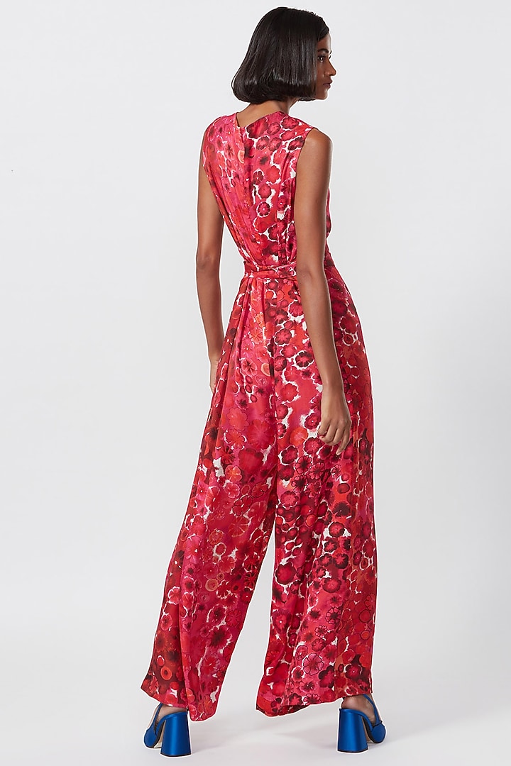 Red & Pink Satin Floral Printed Jumpsuit by Saaksha & Kinni at Pernia's Pop Up Shop
