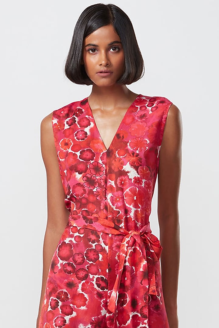 Red & Pink Satin Floral Printed Jumpsuit by Saaksha & Kinni at Pernia's Pop Up Shop