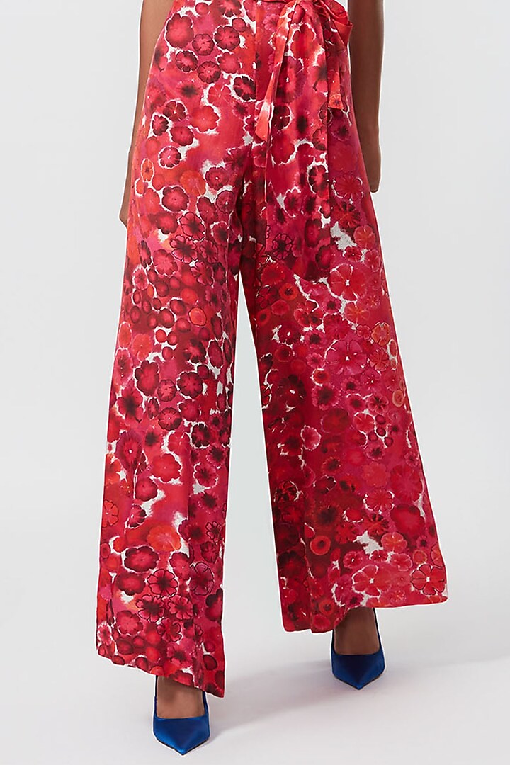Red & Pink Satin Floral Printed Jumpsuit by Saaksha & Kinni at Pernia's Pop Up Shop