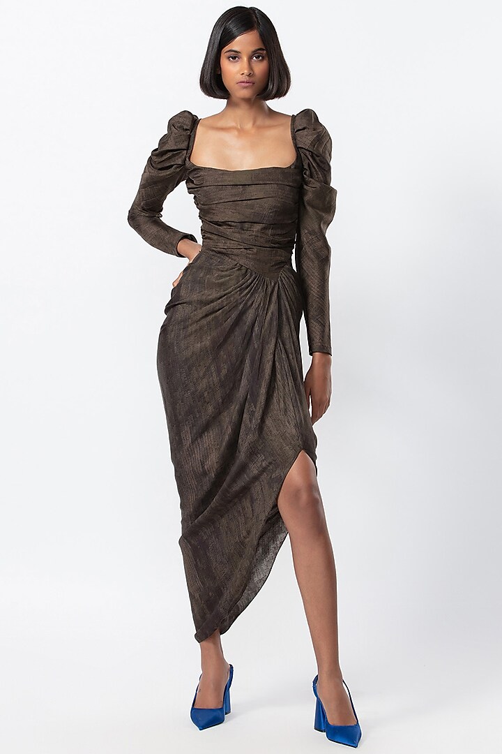 Black Satin & Cotton Silk Asymmetric Draped Dress by Saaksha & Kinni