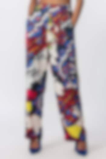 Multi-Colored Satin Abstract Printed Trousers by Saaksha & Kinni
