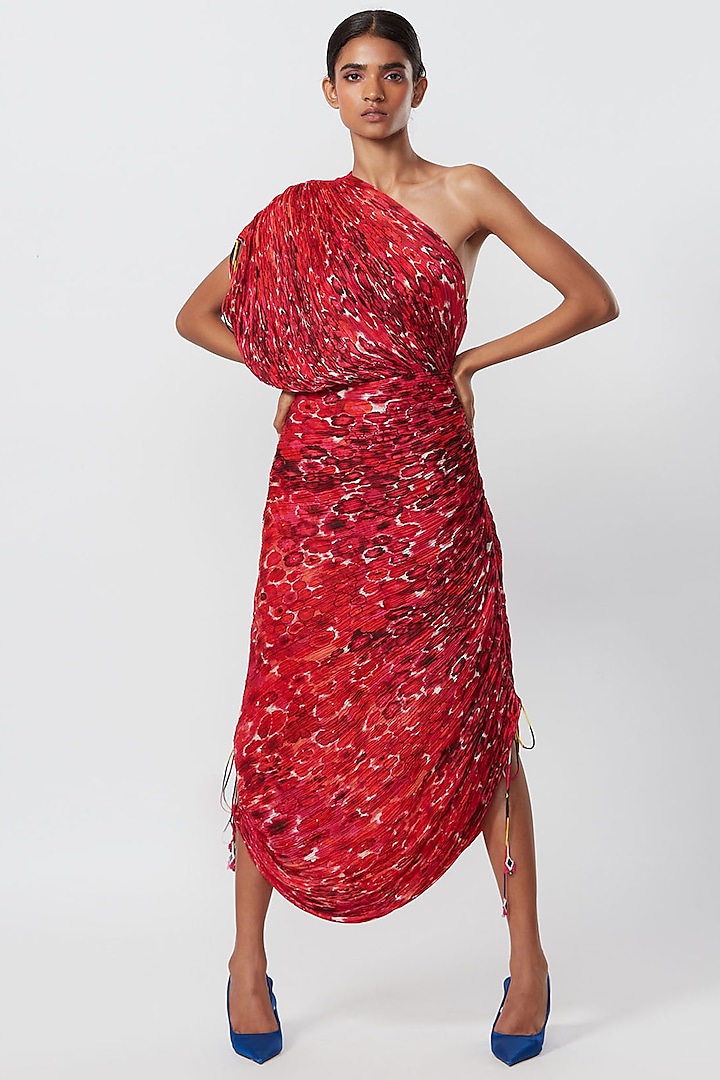 Red & Pink Cotton Silk Floral Printed Saree Dress by Saaksha & Kinni