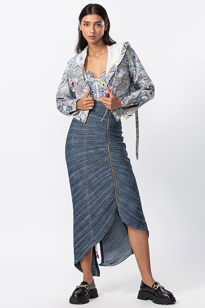 Blue Denim Abstract Printed Strapless Bustier by Saaksha & Kinni at Pernia's Pop Up Shop