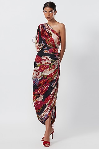 Multi-Colored Cotton Silk Floral Printed Saree Dress by Saaksha & Kinni