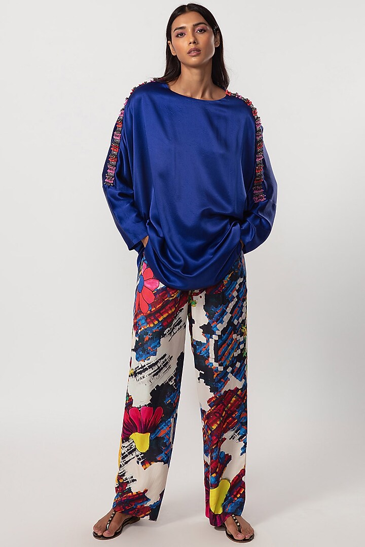 Blue Silk Hand Embroidered Blouse by Saaksha & Kinni at Pernia's Pop Up Shop