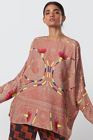 Peach Satin Abstract Printed Blouse by Saaksha & Kinni