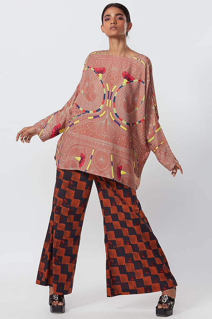 Black & Brown Satin Printed Palazzo Pant by Saaksha & Kinni at Pernia's Pop Up Shop