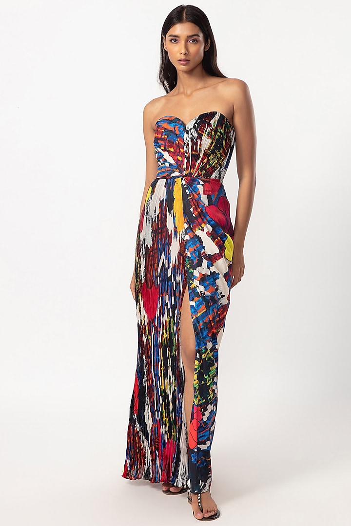 Multi-Colored Chiffon & Satin Abstract Printed Maxi Dress by Saaksha & Kinni