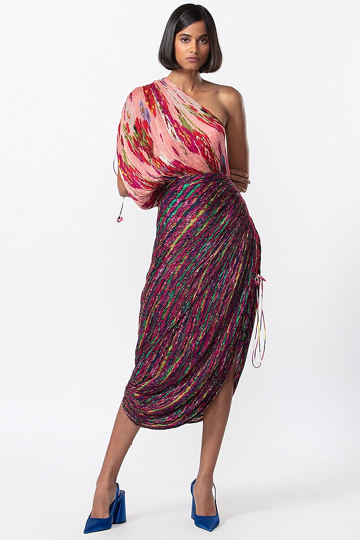 Pink & Purple Cotton Silk Printed Dress by Saaksha & Kinni
