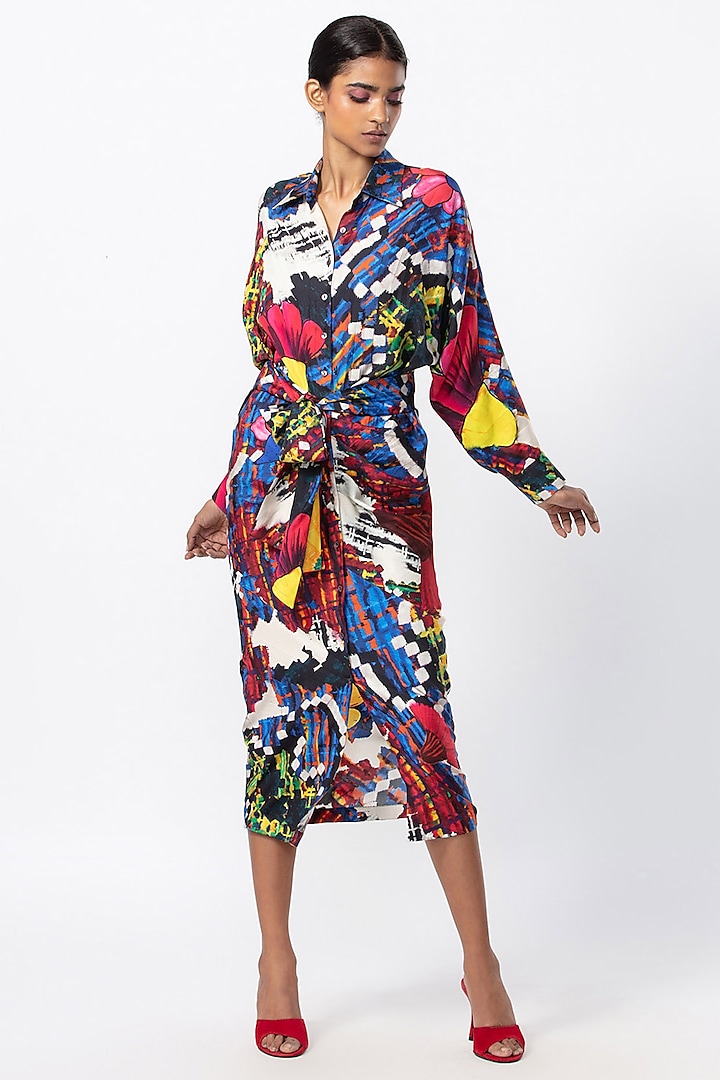 Blue Satin Printed Midi Shirt Dress by Saaksha & Kinni at Pernia's Pop Up Shop