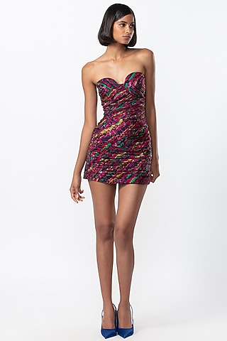Purple Chiffon Printed Mini Dress by Saaksha & Kinni