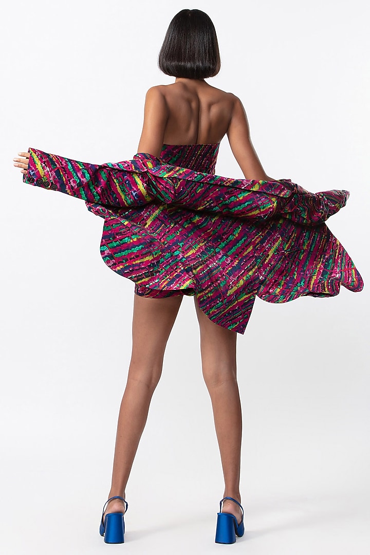Purple Chiffon Leheriya Printed Mini Party Wear Dress With Blazer by Saaksha & Kinni at Pernia's Pop Up Shop