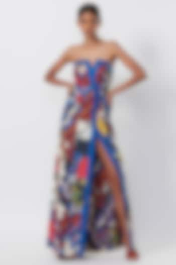 Blue Satin Printed Strapless Dress by Saaksha & Kinni