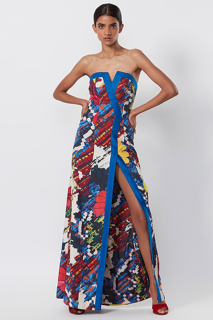 Blue Satin Printed Strapless Dress by Saaksha & Kinni