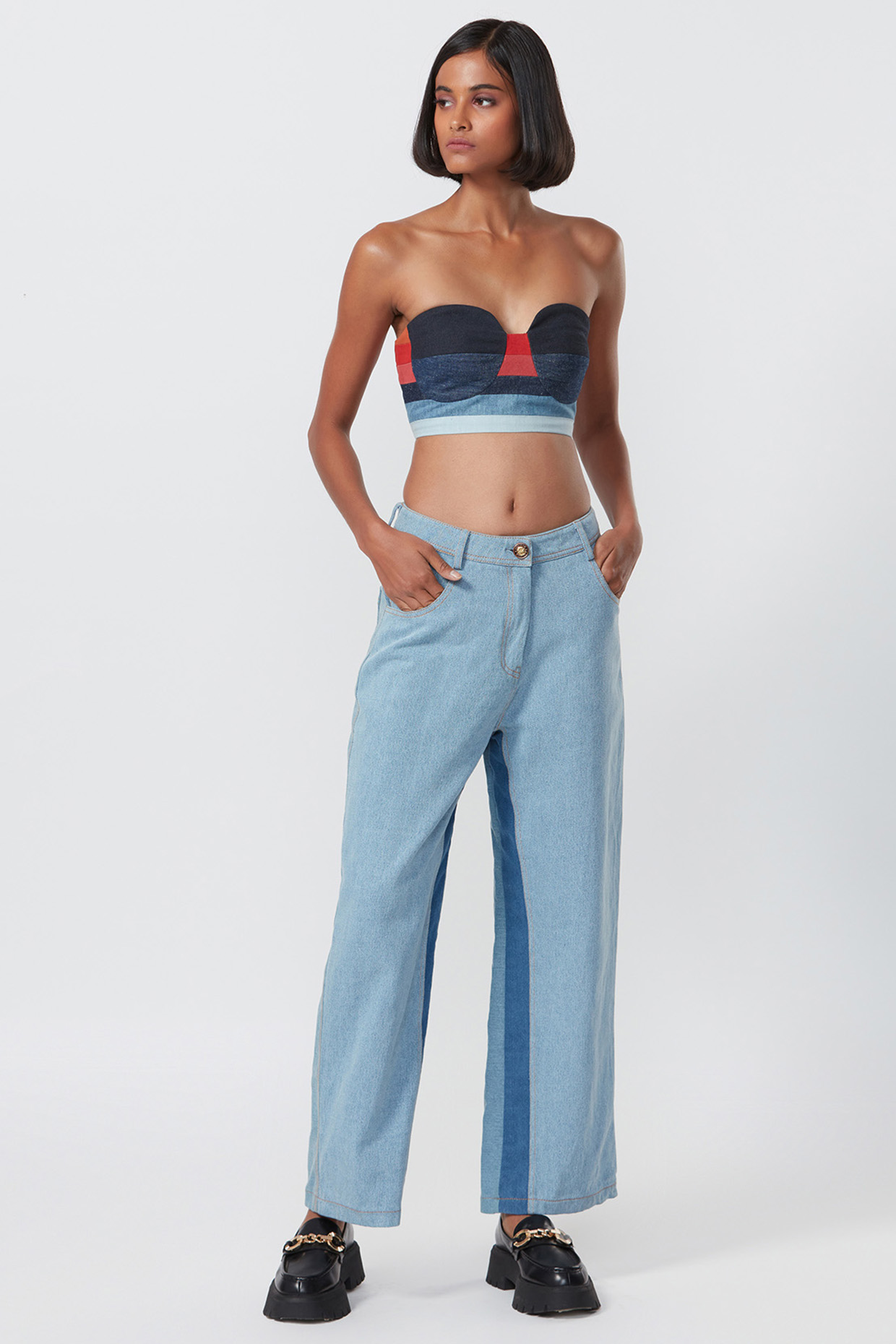 Blue Denim Patchwork Bustier by Saaksha & Kinni
