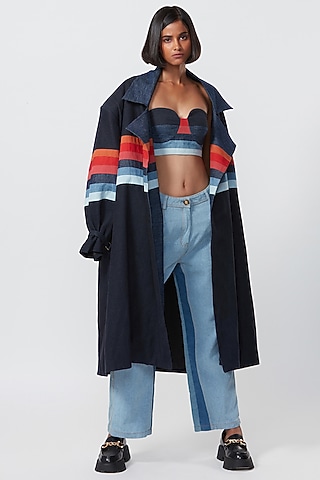 Blue Denim Patchwork Coat Set by Saaksha & Kinni