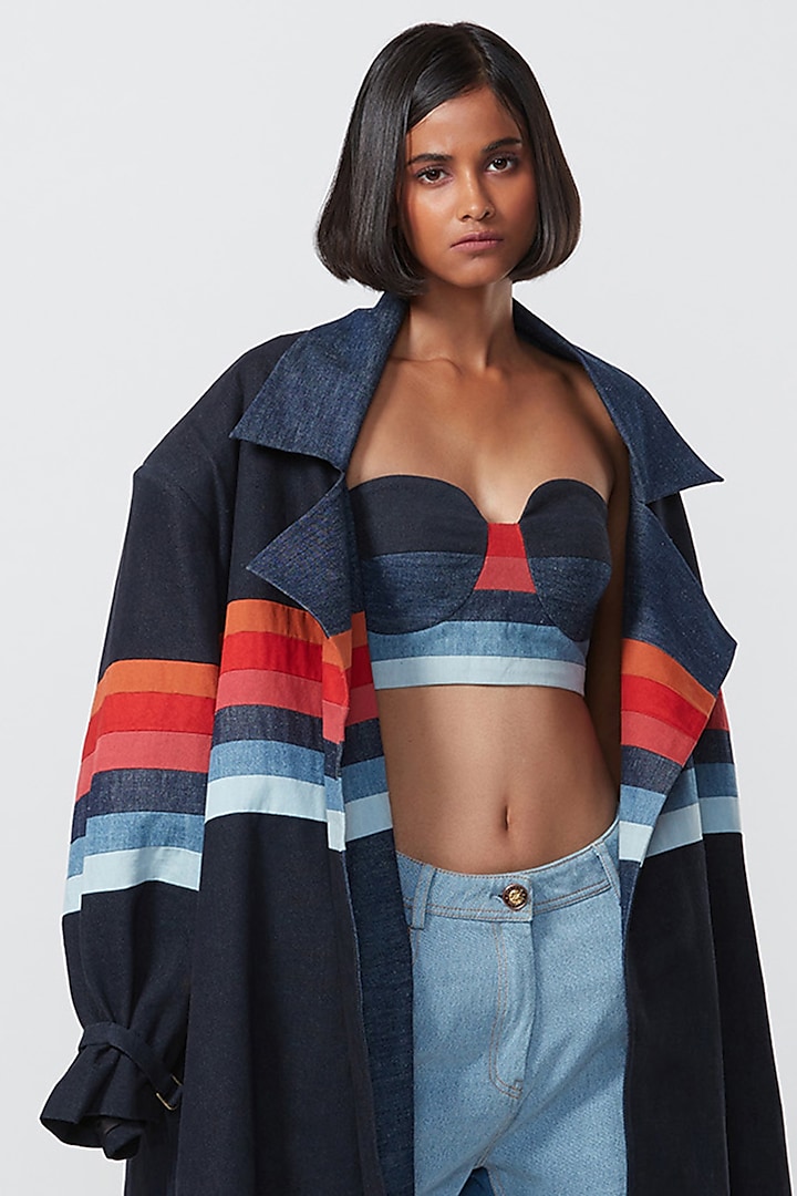 Blue Denim Patchwork Coat Set by Saaksha & Kinni at Pernia's Pop Up Shop