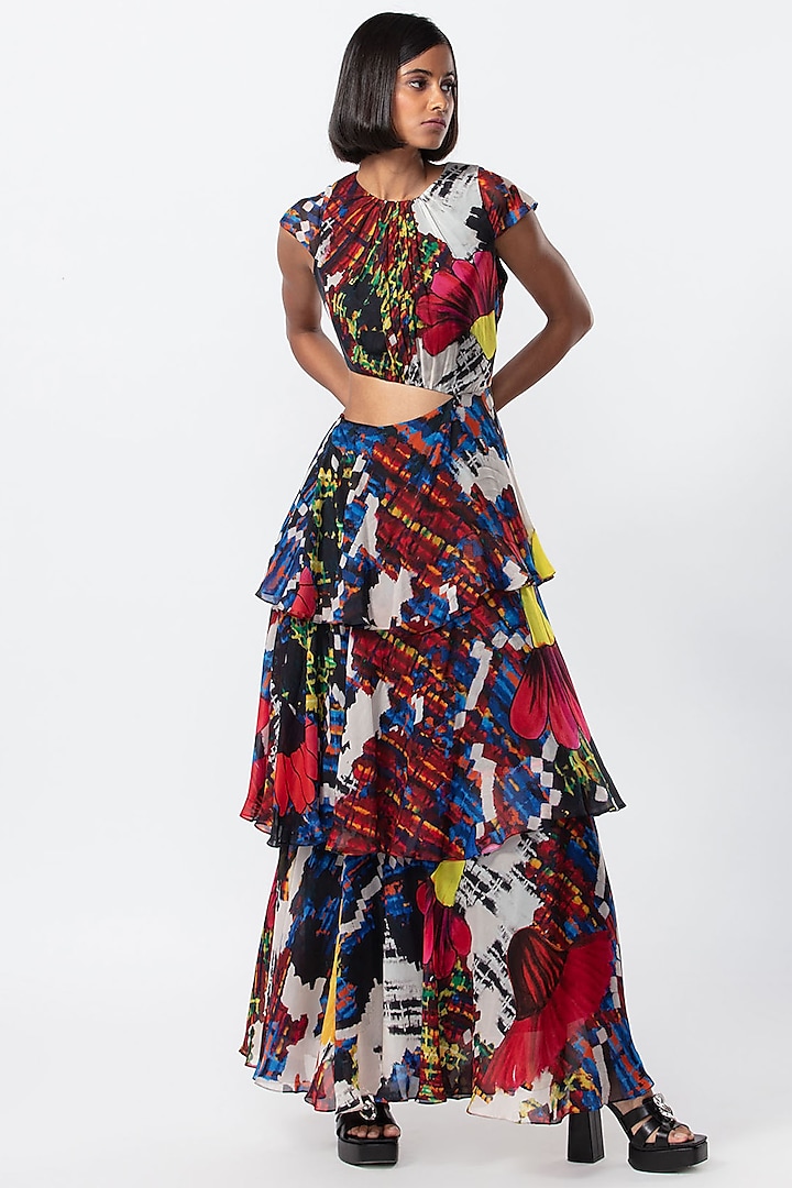 Multi-Colored Chiffon & Cotton Silk Printed Gown by Saaksha & Kinni
