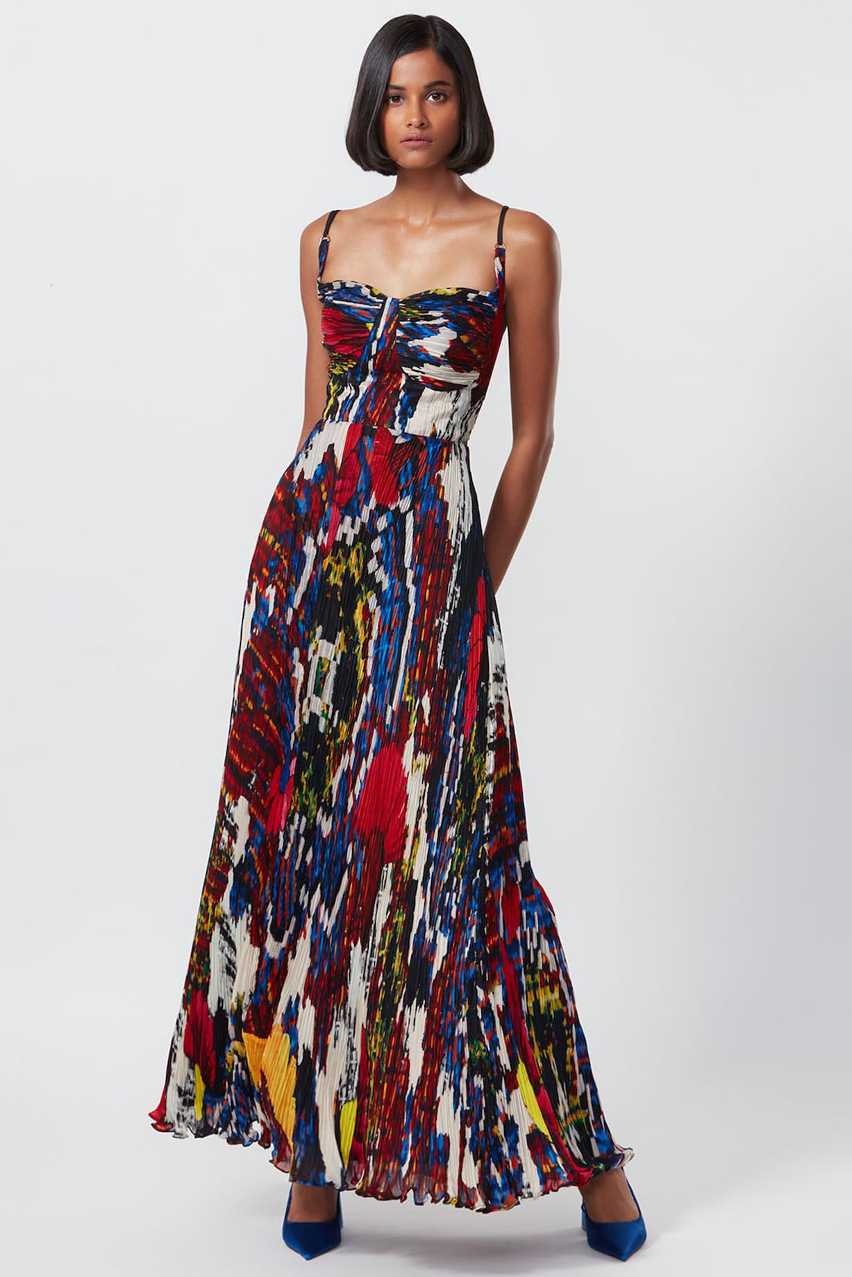 Off-White Multi Colored Floral Printed Maxi Dress With Mandarin Collar & 3/4 Sleeves