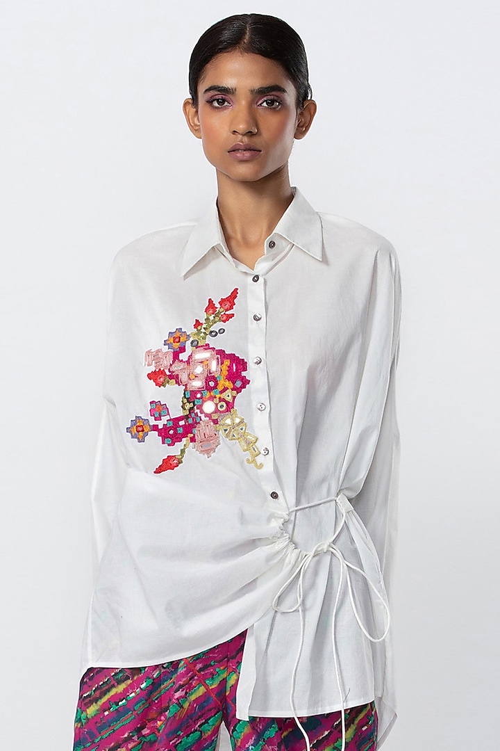 White Cambric Hand Embroidered Shirt by Saaksha & Kinni