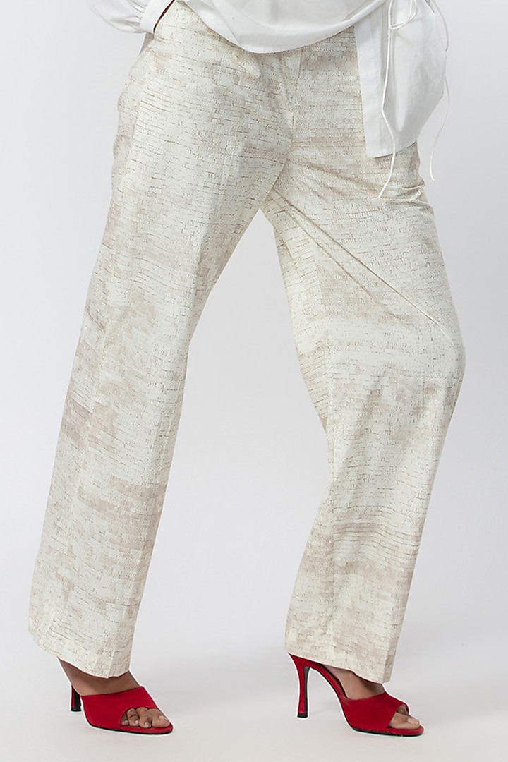 White Cambric High-Waisted Printed Trousers by Saaksha & Kinni