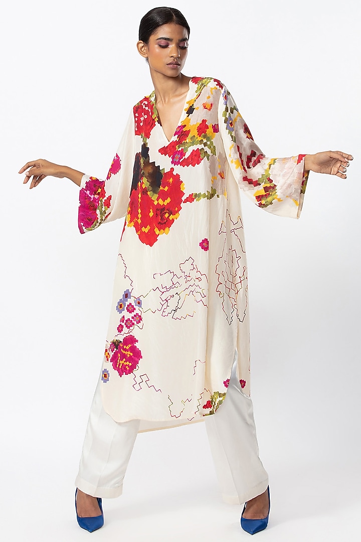 Ivory Silk Floral Printed Tunic by Saaksha & Kinni