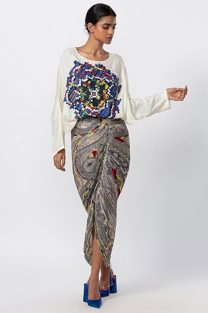 White Silk Floral Printed Blouse by Saaksha & Kinni