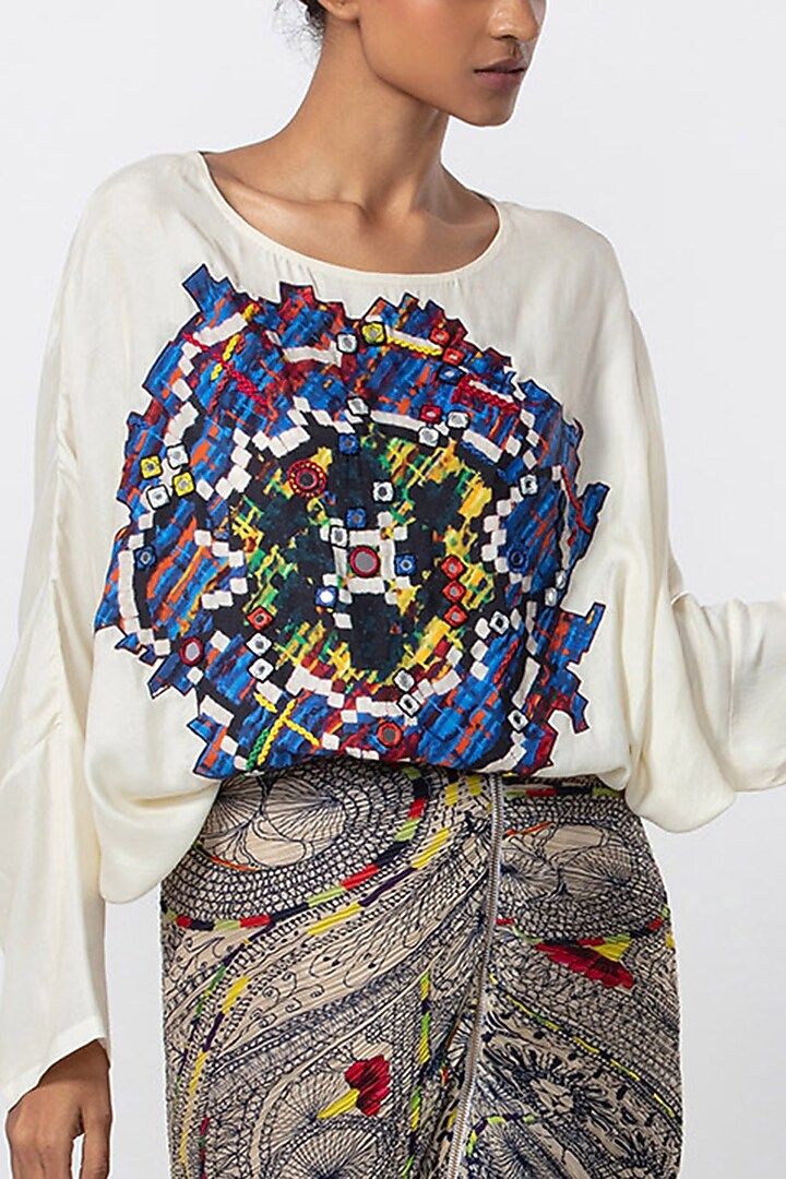 White Silk Floral Printed Blouse by Saaksha & Kinni at Pernia's Pop Up Shop