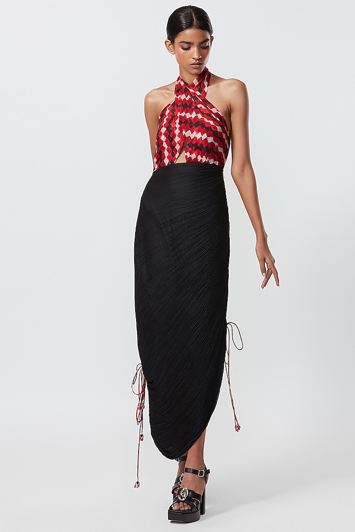 Red & Black Cotton Silk Printed Dress by Saaksha & Kinni