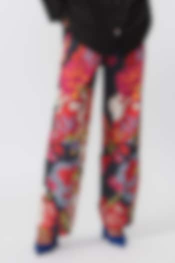 Hot Pink Cambric Cotton Abstract Printed Trousers by Saaksha & Kinni