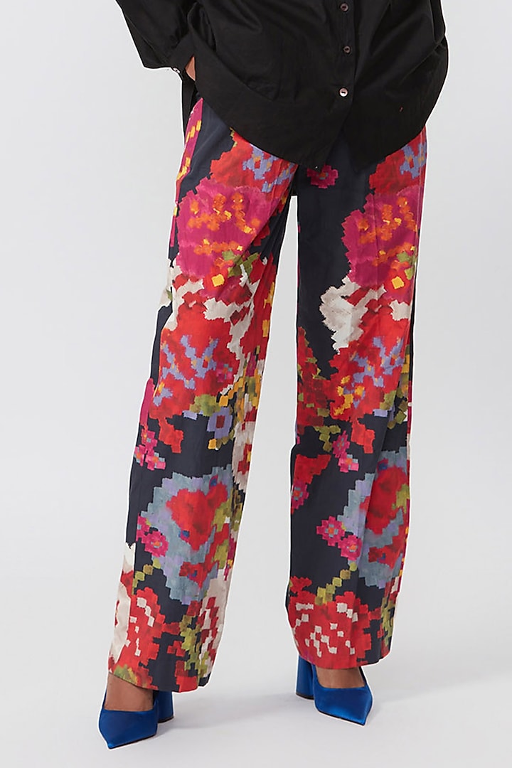 Hot Pink Cambric Cotton Abstract Printed Trousers by Saaksha & Kinni