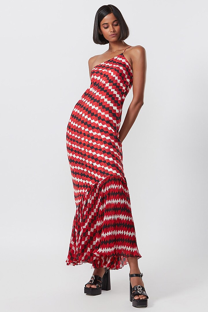 Red Silk & Chiffon Printed One-Shoulder Slip Vacation Dress by Saaksha & Kinni at Pernia's Pop Up Shop
