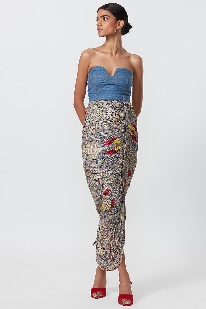 Blue Denim & Cotton Silk Printed Dress by Saaksha & Kinni
