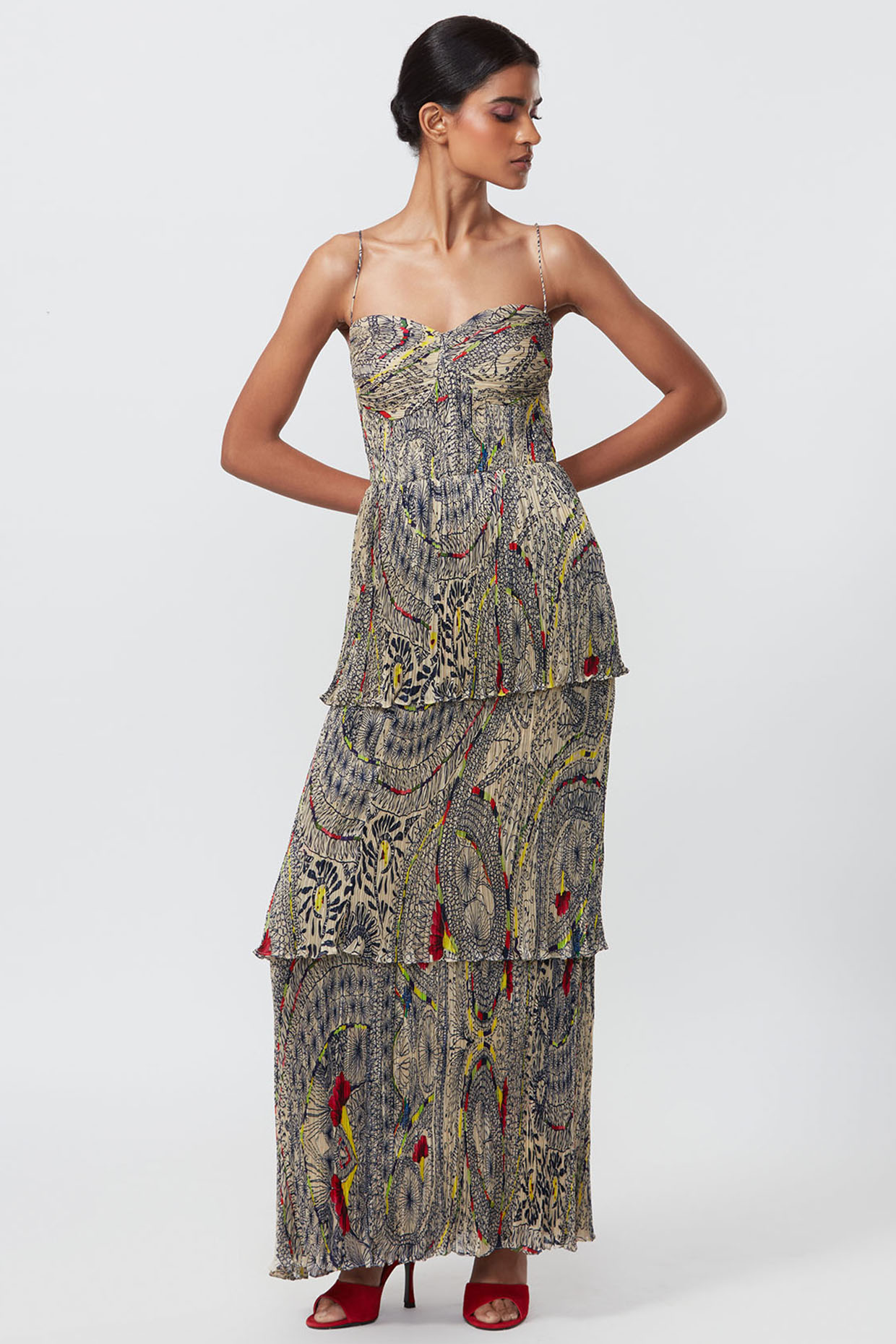 Multi-Colored Chiffon Abstract Printed Tiered Maxi Dress by Saaksha & Kinni