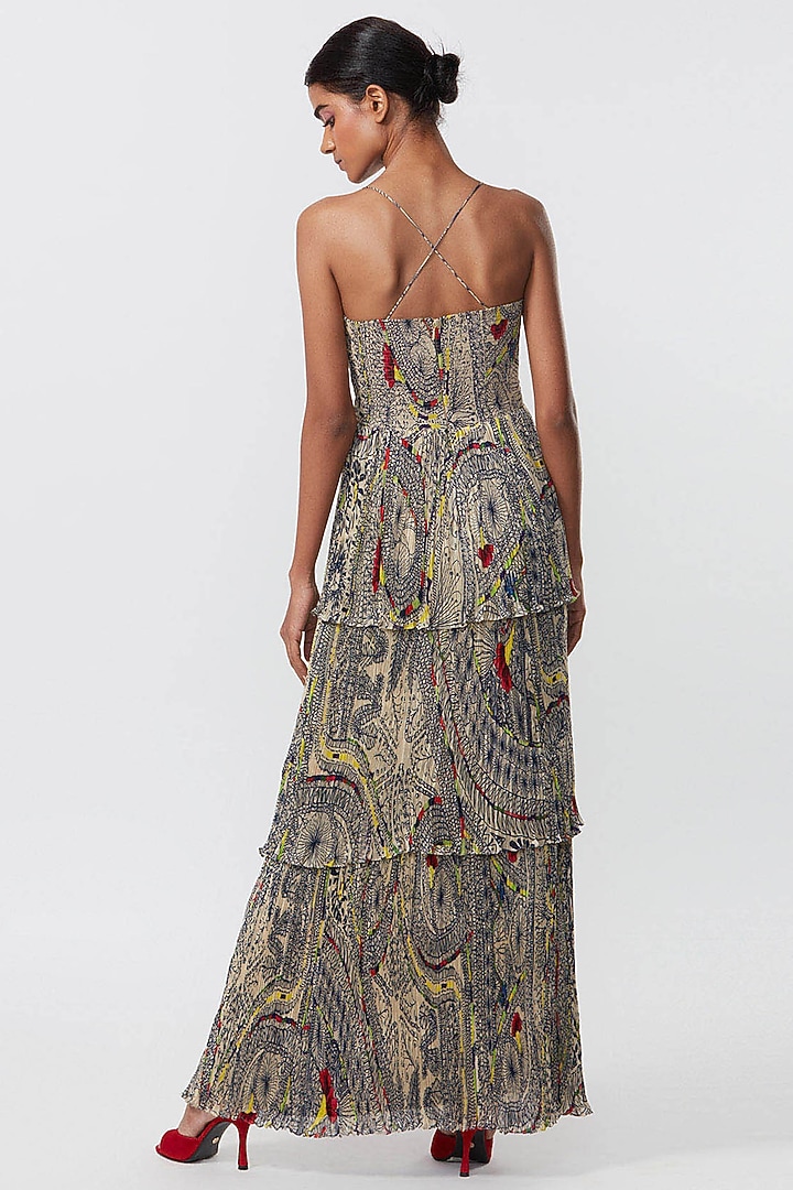 Multi-Colored Chiffon Abstract Printed Tiered Maxi Vacation Dress by Saaksha & Kinni at Pernia's Pop Up Shop