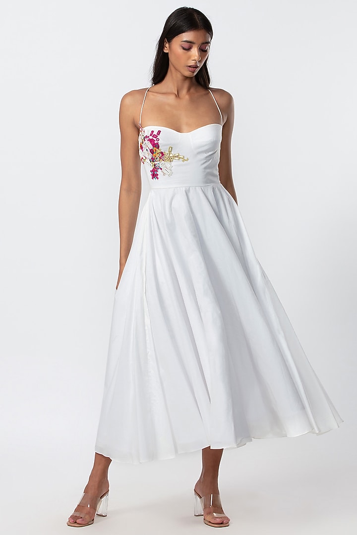 White Cambric Cotton Hand Embroidered Vacation Dress by Saaksha & Kinni at Pernia's Pop Up Shop