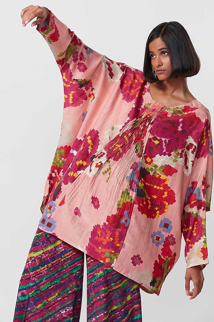 Pink Silk Abstract Printed Blouse by Saaksha & Kinni