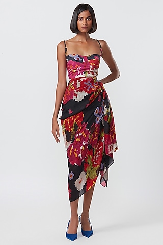 Black Chiffon & Satin Printed Draped Midi Dress by Saaksha & Kinni
