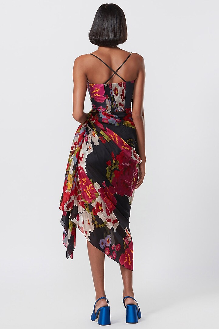 Black Chiffon & Satin Printed Draped Midi Vacation Dress by Saaksha & Kinni at Pernia's Pop Up Shop