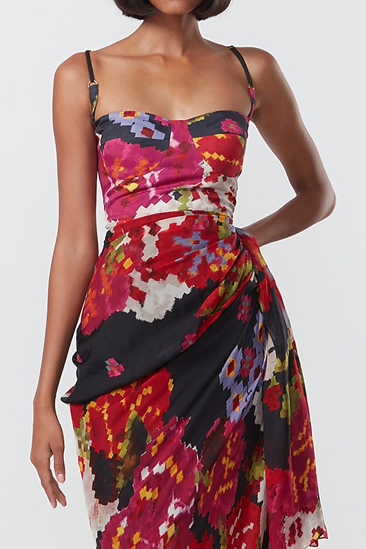 Black Chiffon & Satin Printed Draped Midi Vacation Dress by Saaksha & Kinni at Pernia's Pop Up Shop