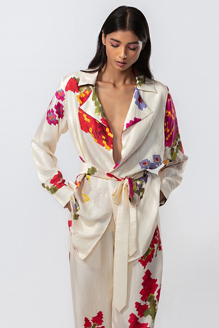Ivory Silk Abstract Printed Jacket WIth Belt by Saaksha & Kinni