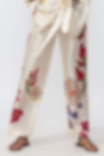Ivory Silk Abstract Printed Trousers by Saaksha & Kinni