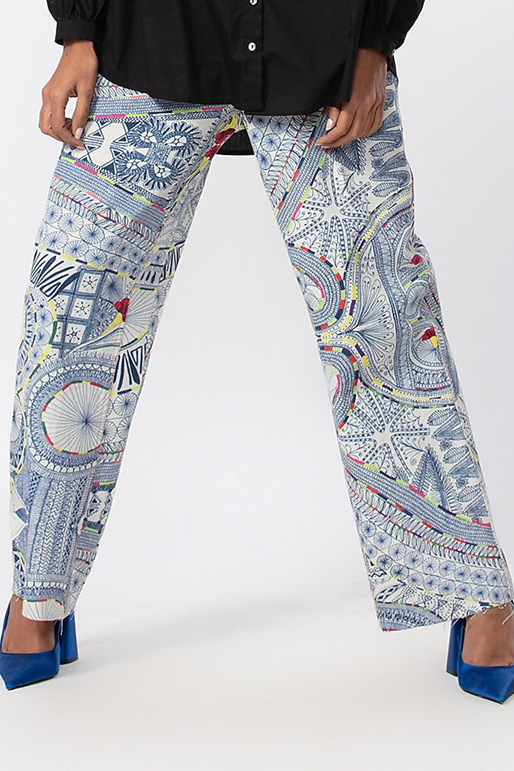 Blue Denim Abstract Printed Jeans by Saaksha & Kinni