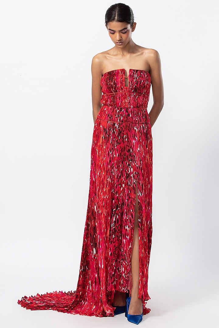 Red Chiffon Floral Printed Gown by Saaksha & Kinni