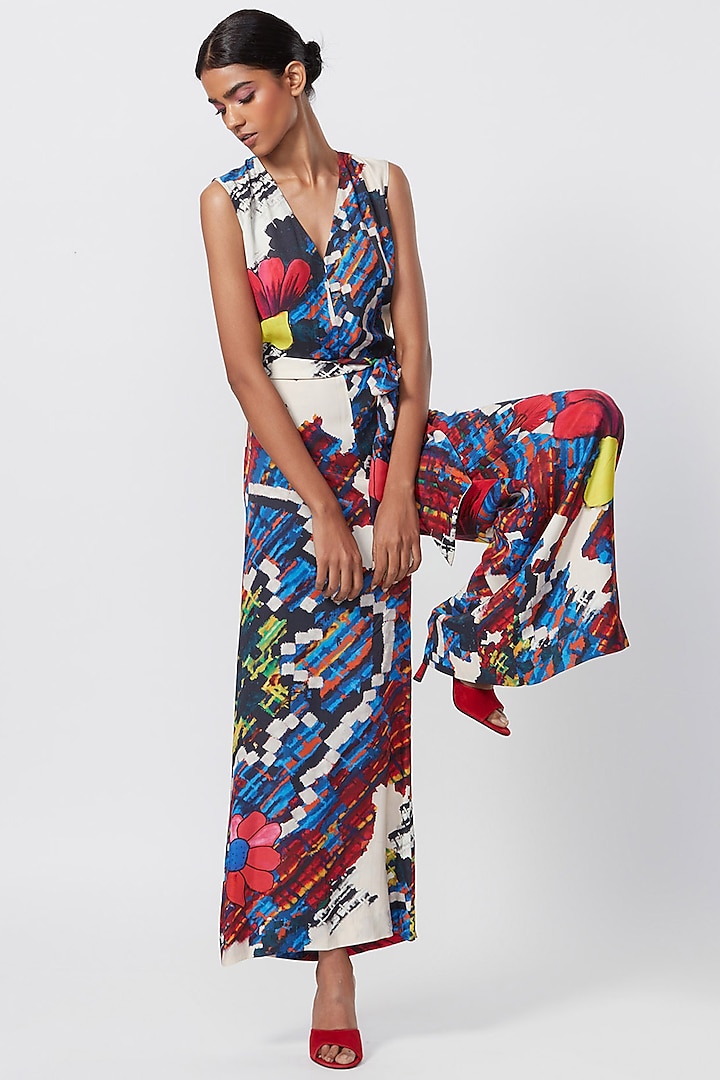 Multi-Colored Satin Floral Printed Jumpsuit by Saaksha & Kinni