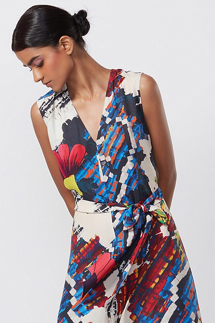 Multi-Colored Satin Floral Printed Jumpsuit by Saaksha & Kinni at Pernia's Pop Up Shop