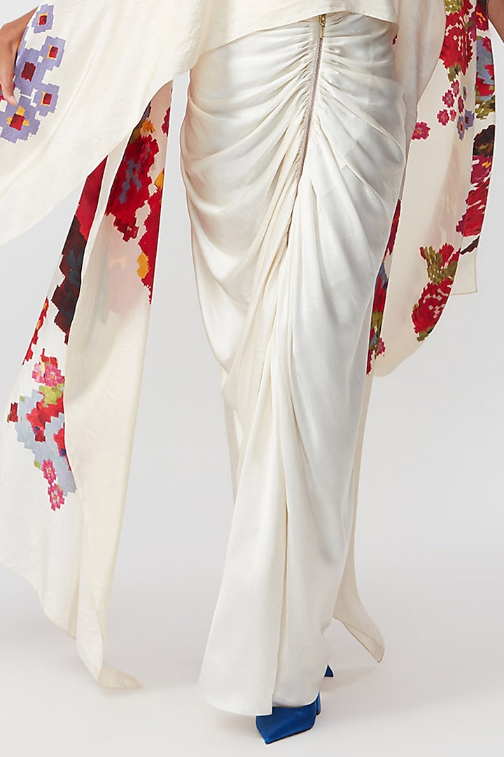 Ivory Silk Draped Asymmetric Skirt by Saaksha & Kinni
