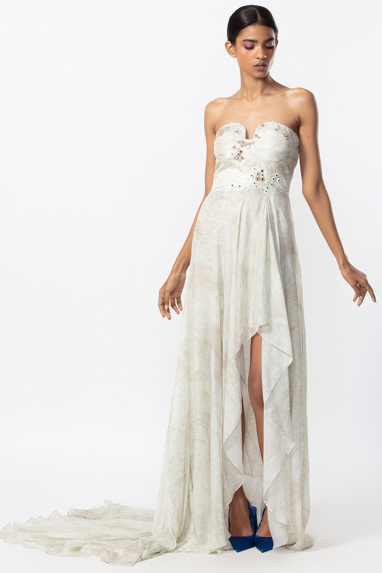 Ivory Satin & Chiffon Hand Embroidered Gown by Saaksha & Kinni