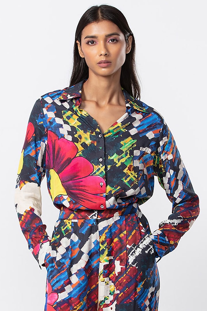 Multi-Colored Satin Floral Printed Shirt by Saaksha & Kinni