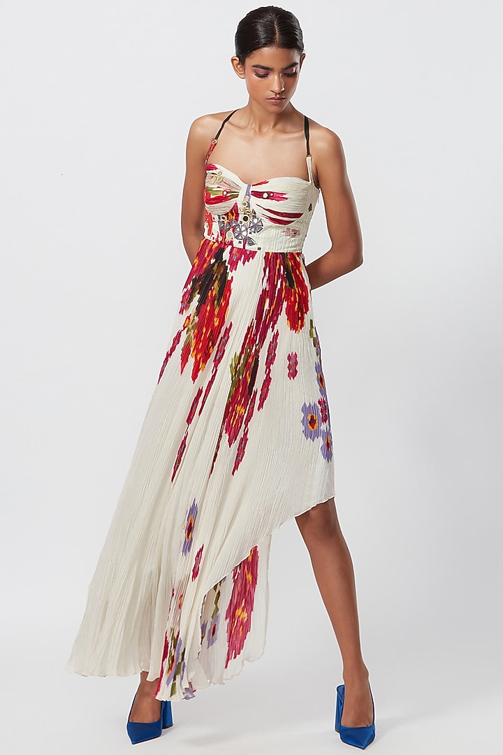 Ivory Chiffon Printed Cocktail Dress by Saaksha & Kinni at Pernia's Pop Up Shop